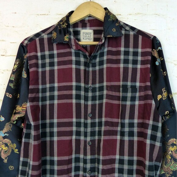 Furst of A Kind Shirt L/XL Plaid Flannel Dragon Satin Sleeves Mixed Media Button - Picture 4 of 15